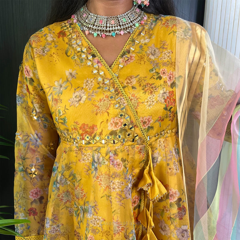 Avsha Mustard Mirror Embroidered Anarkali Sharara Suit