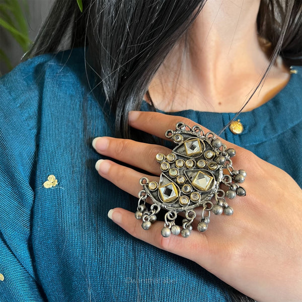 Selina Silver Oxidized Round Vintage Half Moon Ring