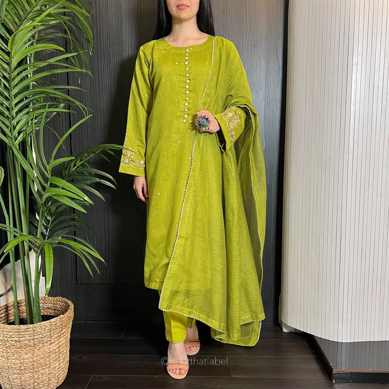 Laila Lime Zari Embroidered Khadi Net Suit