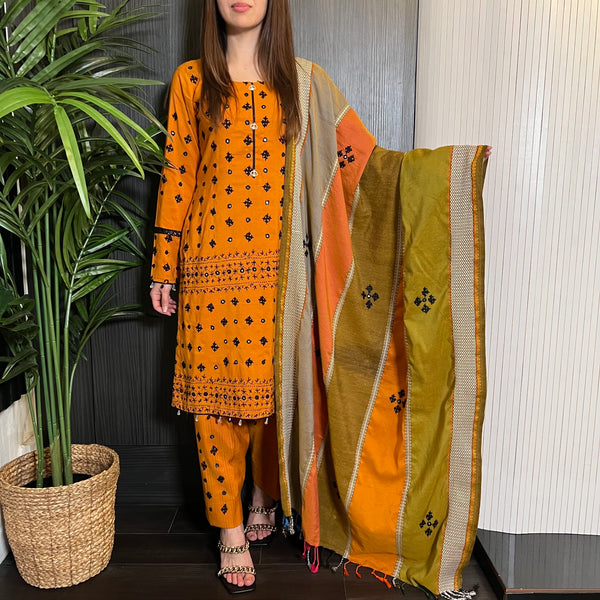 Mustard Sindi Hand Embroidered Mirror Shawl Suit