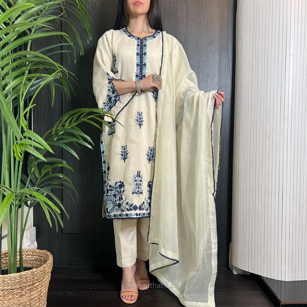 Tia Ivory Blue Embroidered Khadi Net Suit