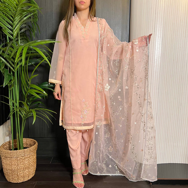 Pink White Pearl Embroidered Organza Suit