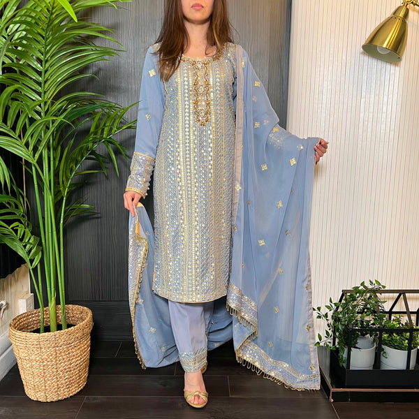 Powder Blue Gold Hand Embroidered Chiffon Suit