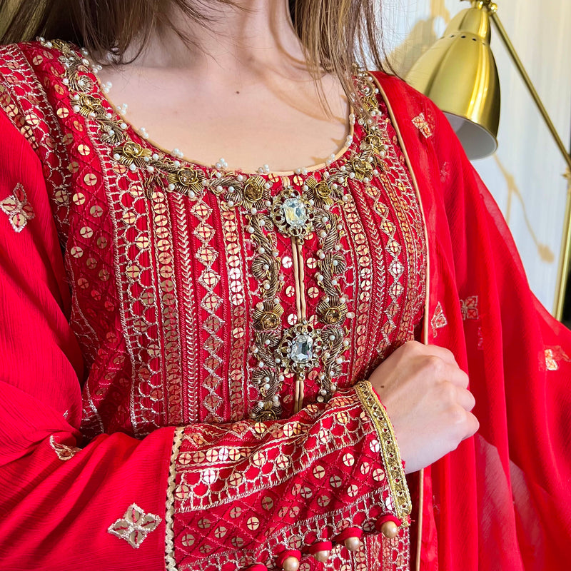 Red Gold Hand Embroidered Chiffon Suit