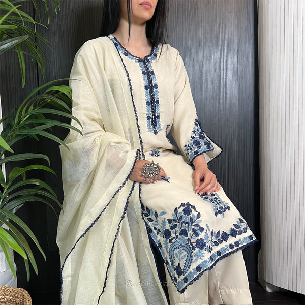 Tia Ivory Blue Embroidered Khadi Net Suit