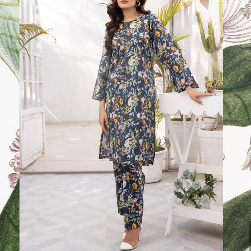 Simrans Navy Floral Lawn Two Piece Suit