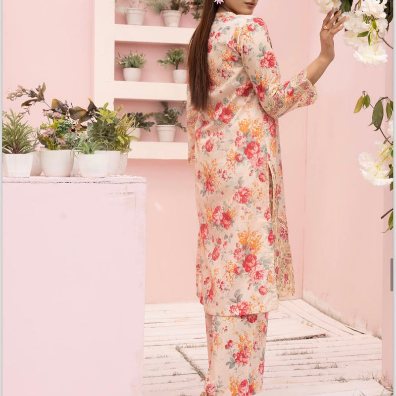 Simrans Peach Embroidered Floral Lawn Two Piece Suit