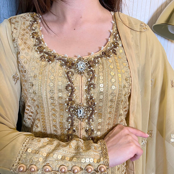 Gold Hand Embroidered Chiffon Suit