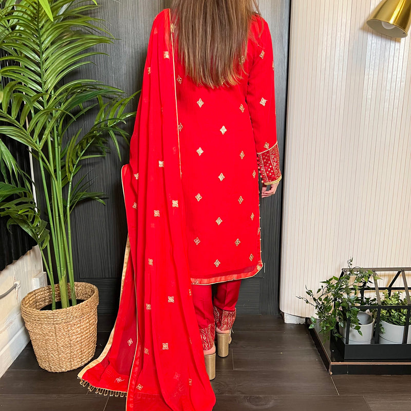 Red Gold Hand Embroidered Chiffon Suit