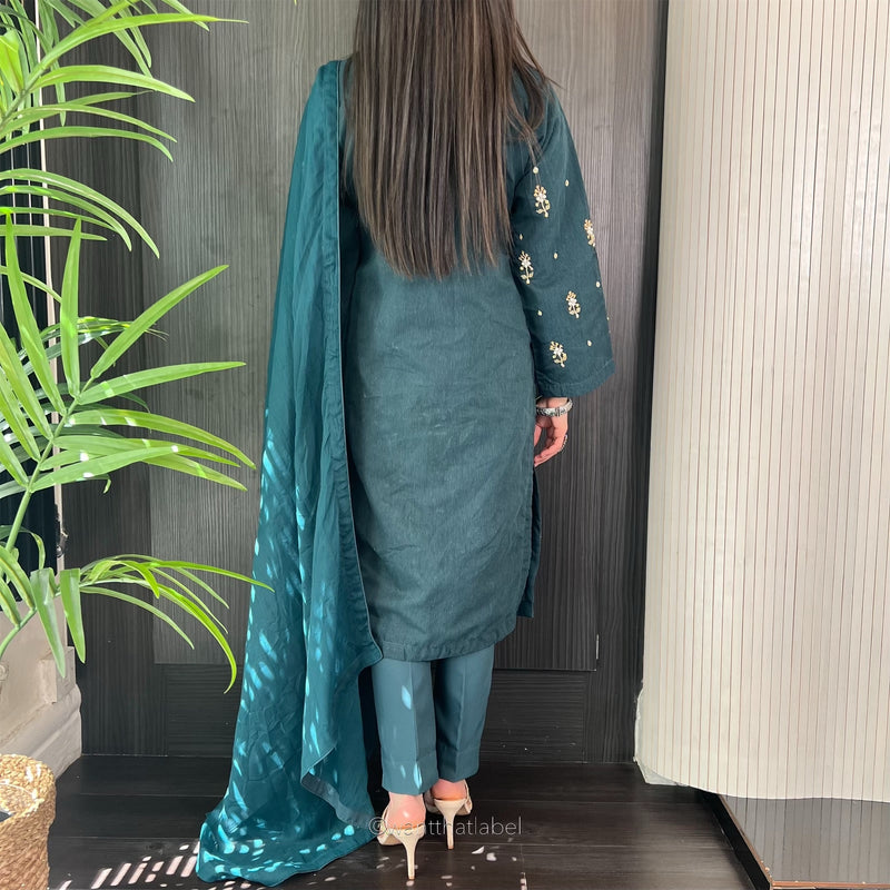 Yasmin Teal Bead Embellished Khadi Net Suit