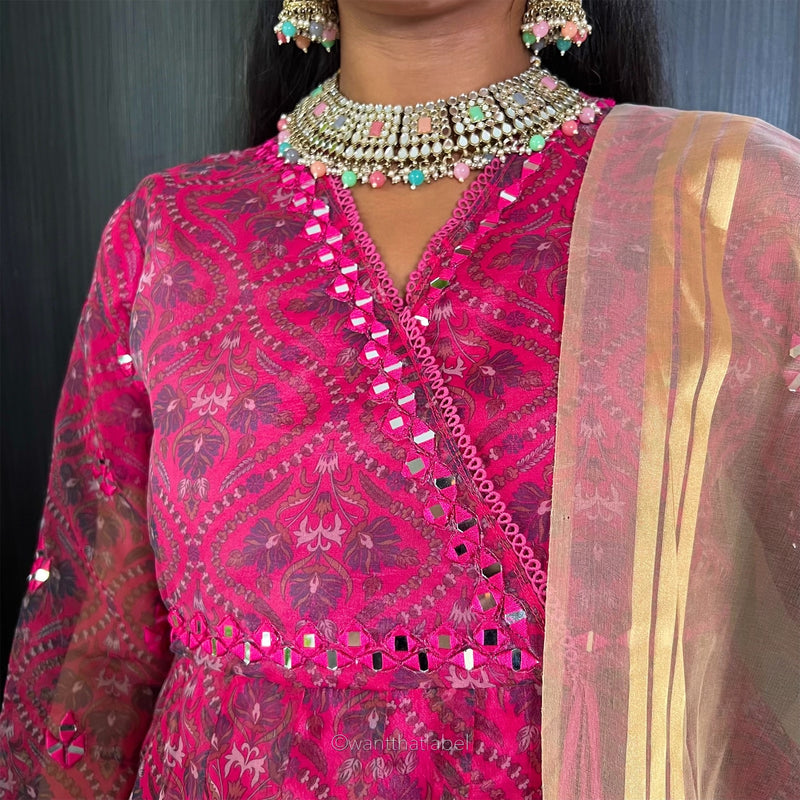 Saira Hot Pink Mirror Embroidered Anarkali Sharara Suit
