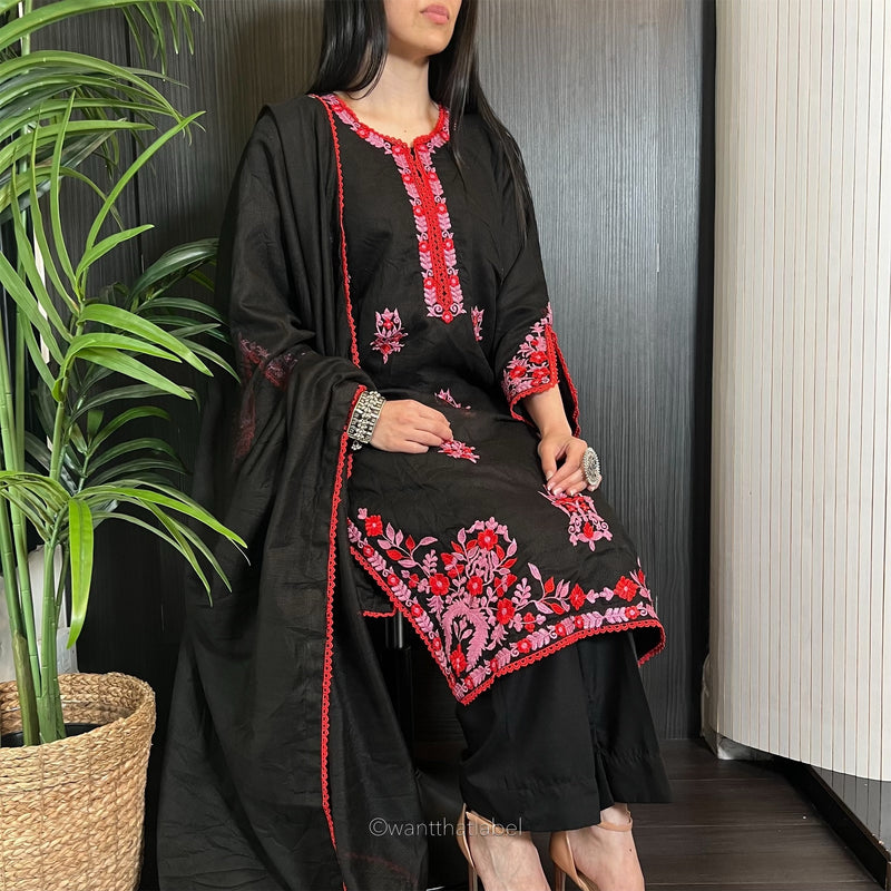 Sameera Black Red Pink Embroidered Khadi Net Suit