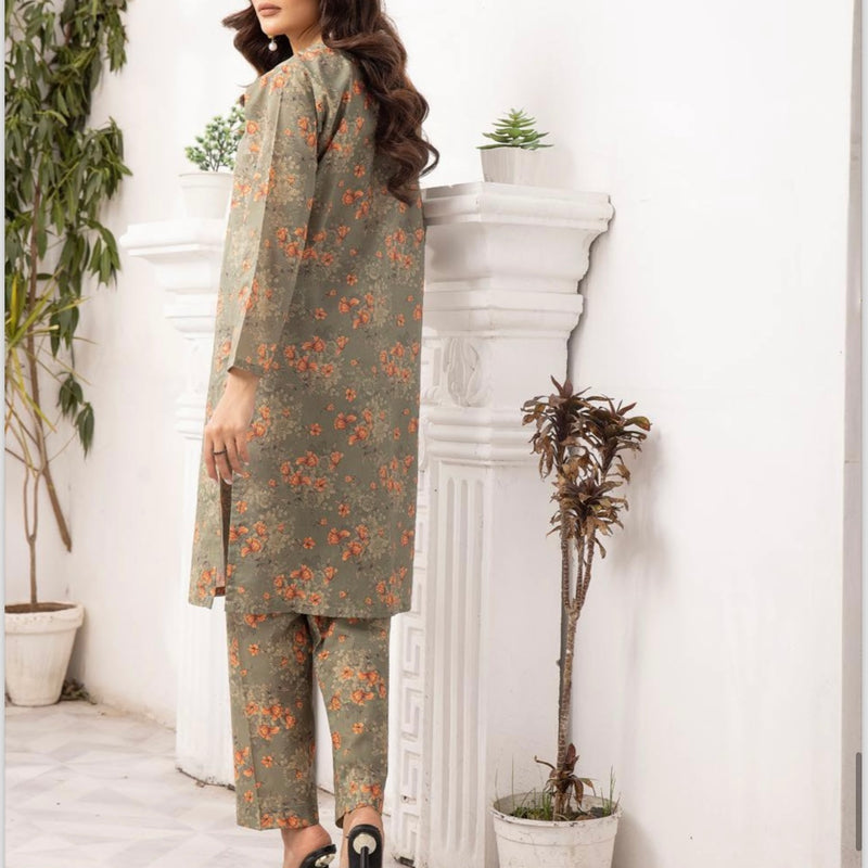 Simrans Khaki Coral Floral Lawn Two Piece Suit