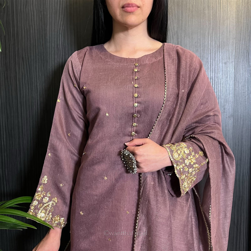 Monisha Mauve Zari Embroidered Khadi Net Suit