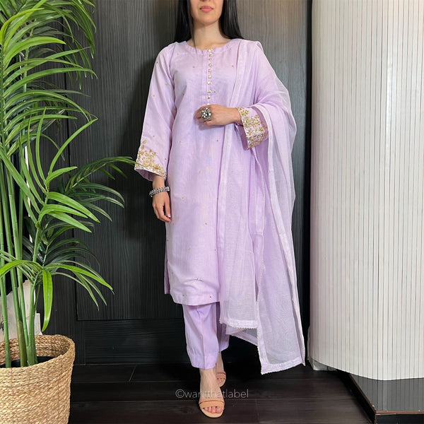 Isha Lilac Zari Embroidered Khadi Net Suit