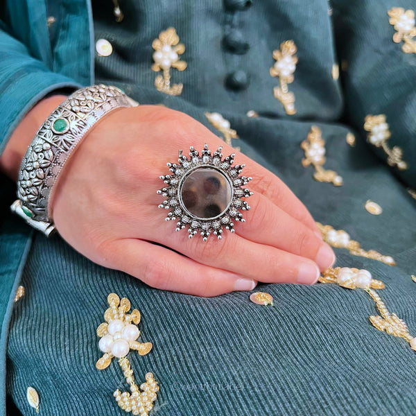 Anaya Silver Oxidized Mirror Round Ring