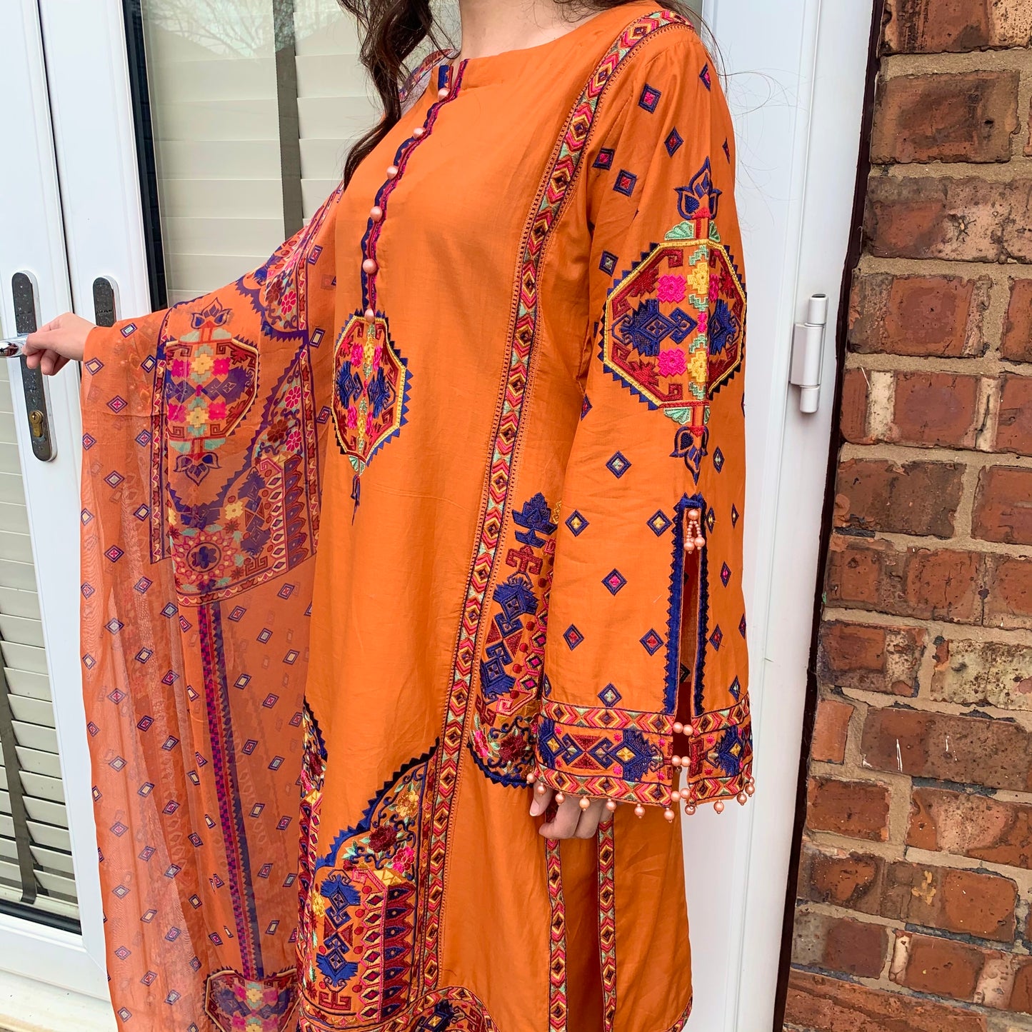 Karma Original Orange Tribal Embroidered Kameez Suit