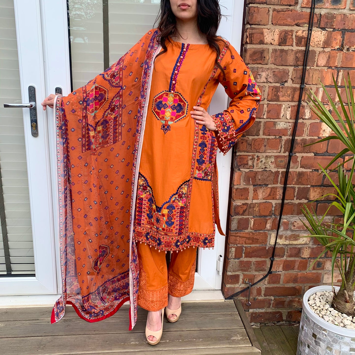 Karma Original Orange Tribal Embroidered Kameez Suit