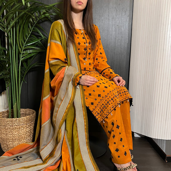 Mustard Sindi Hand Embroidered Mirror Shawl Suit