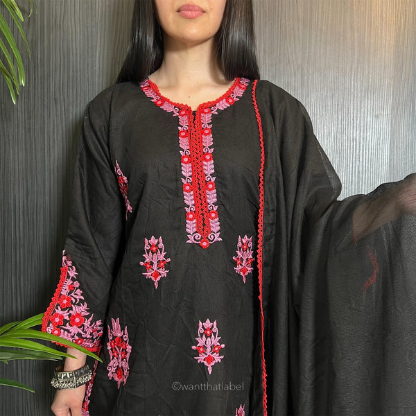 Sameera Black Red Pink Embroidered Khadi Net Suit