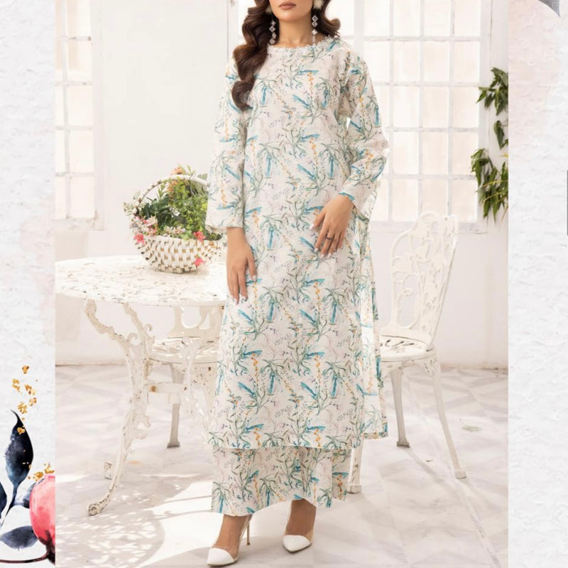 Simrans White Floral Lawn Two Piece Suit