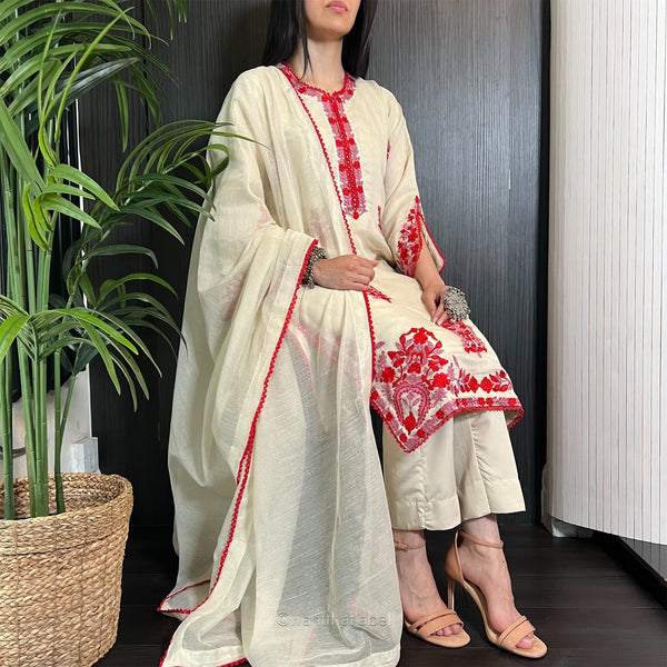 Kirrum Ivory Red Pink Embroidered Khadi Net Suit