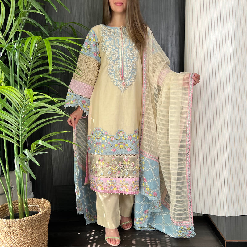 Karma Original Beige Blue Chikankari Embroidered Suit