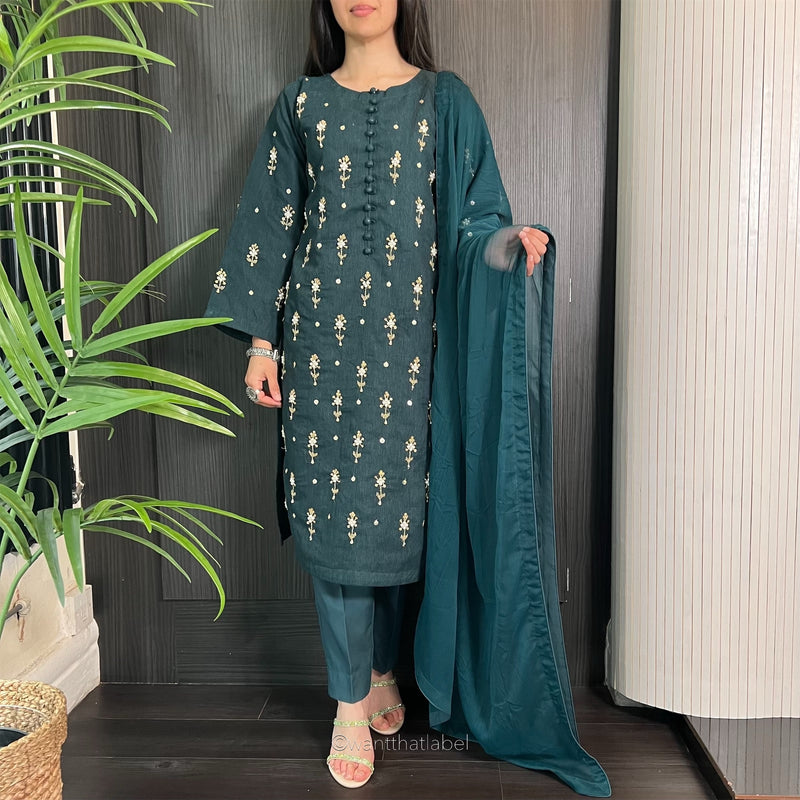 Yasmin Teal Bead Embellished Khadi Net Suit