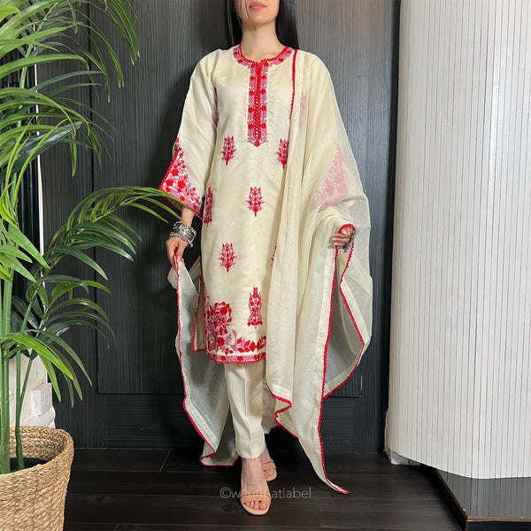 Kirrum Ivory Red Pink Embroidered Khadi Net Suit