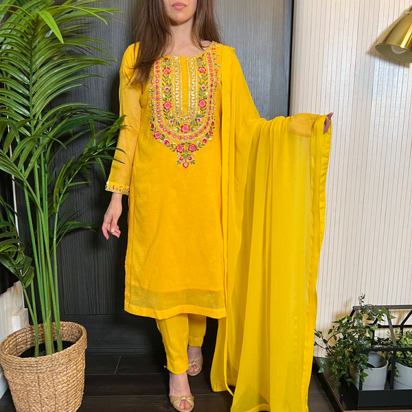 Yellow Khaadi Net Gota Embroidered Suit