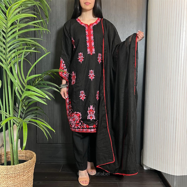 Sameera Black Red Pink Embroidered Khadi Net Suit