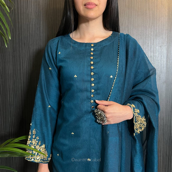 Amara Teal Zari Embroidered Khadi Net Suit