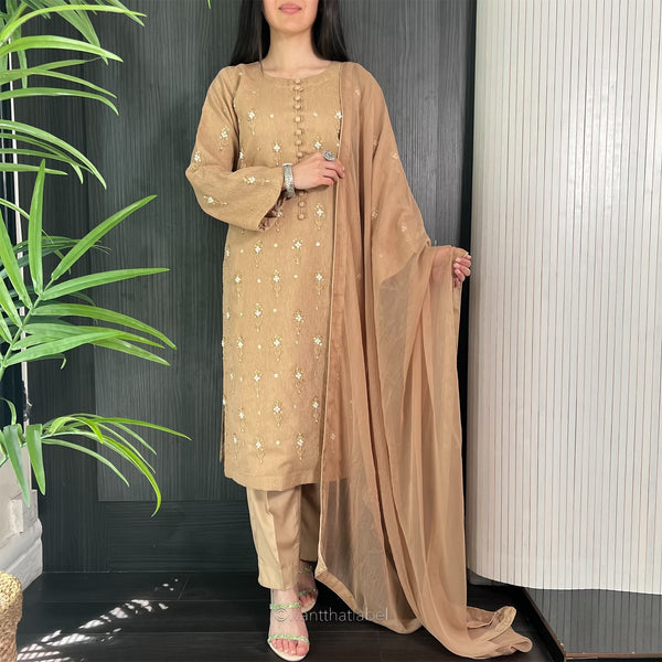 Simi Brown Bead Embellished Khadi Net Suit