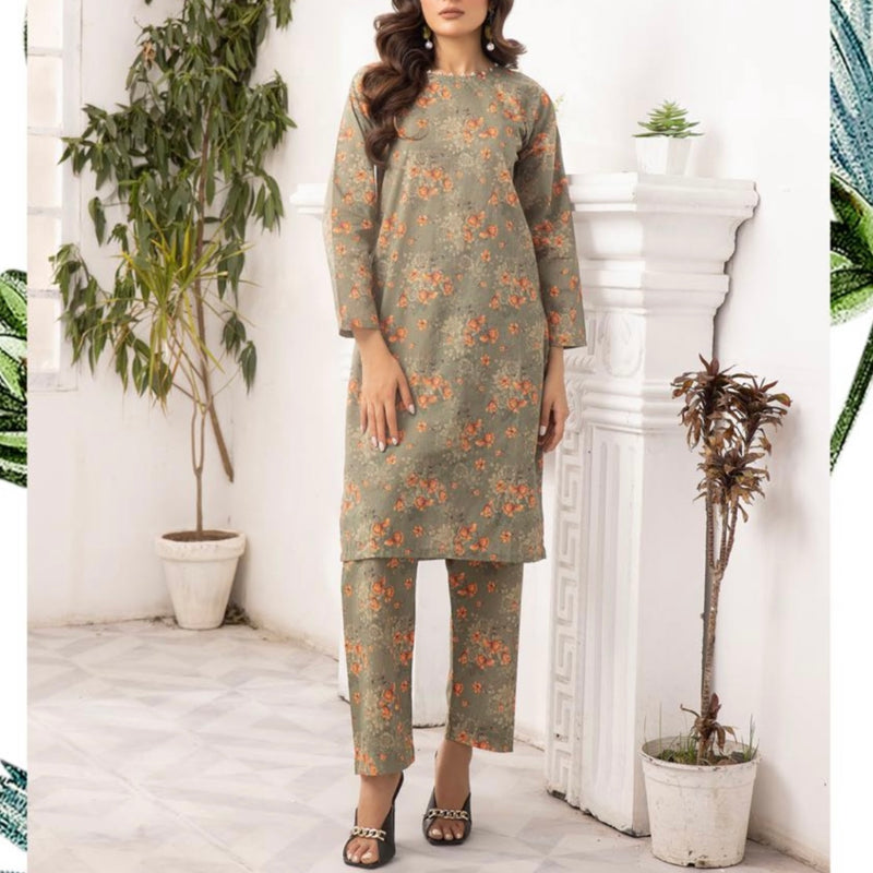 Simrans Khaki Coral Floral Lawn Two Piece Suit