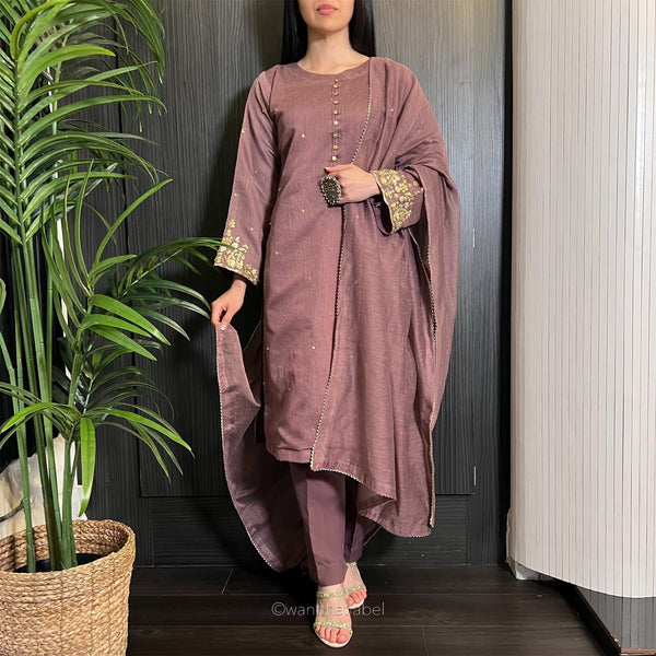 Monisha Mauve Zari Embroidered Khadi Net Suit