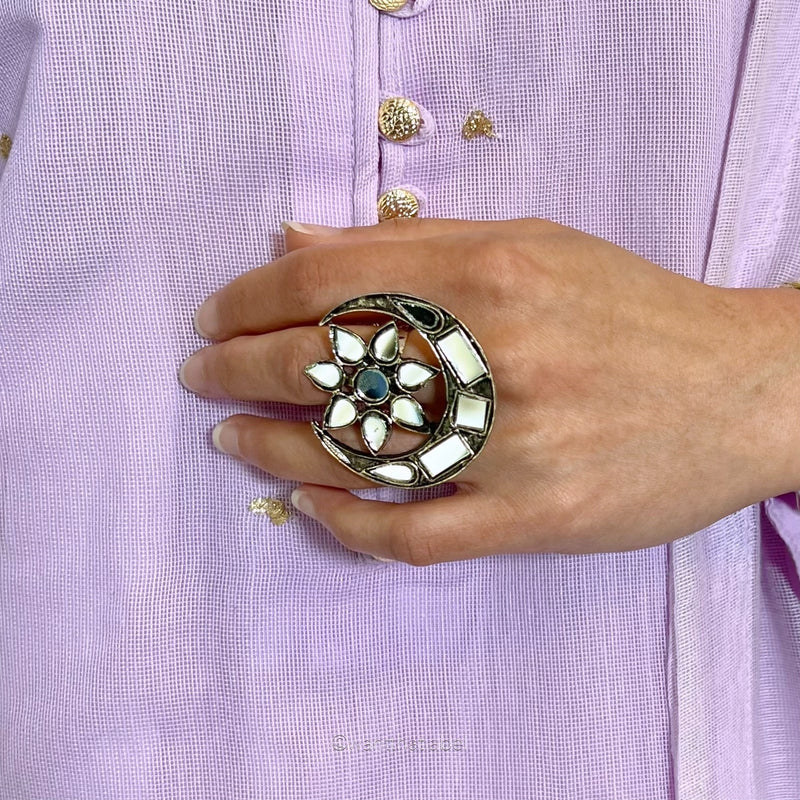 Maryum Silver Oxidized Vintage Star Moon Mirror Ring