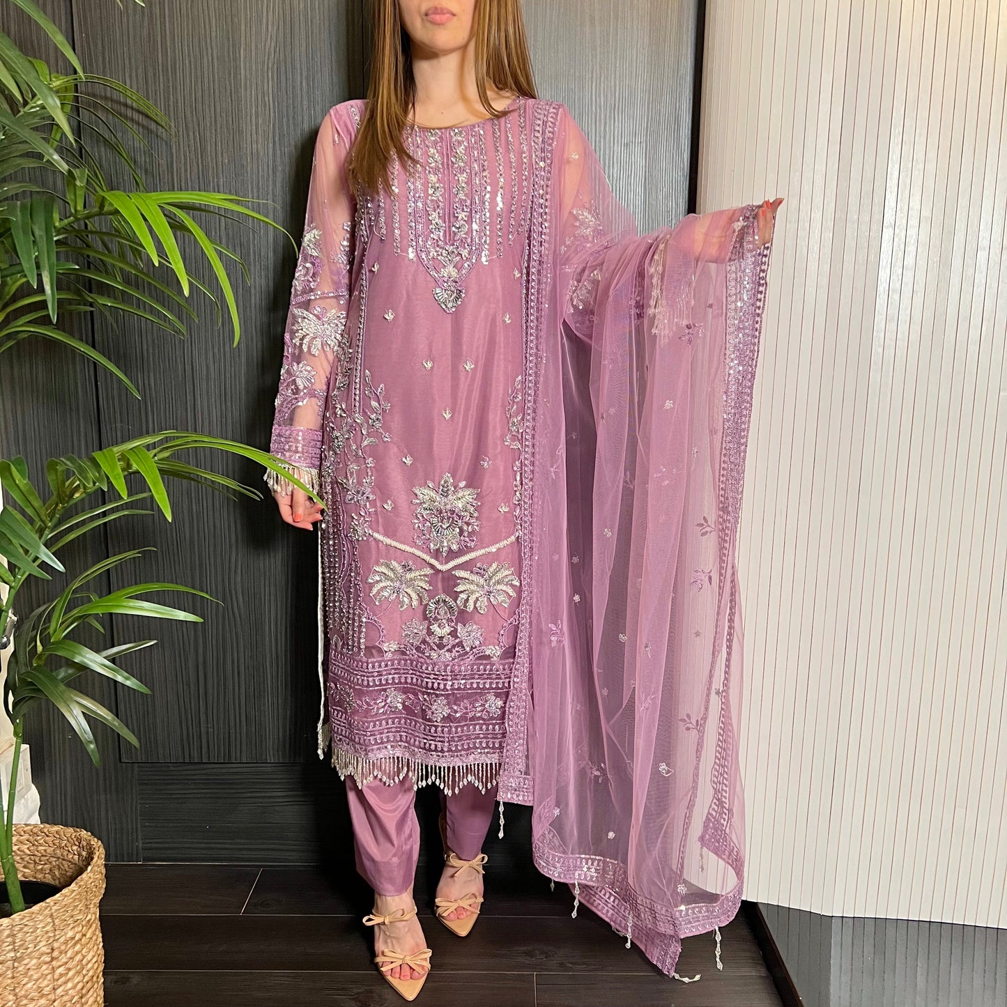 Prêt Powder Pink Heavily Embroidered Net Suit