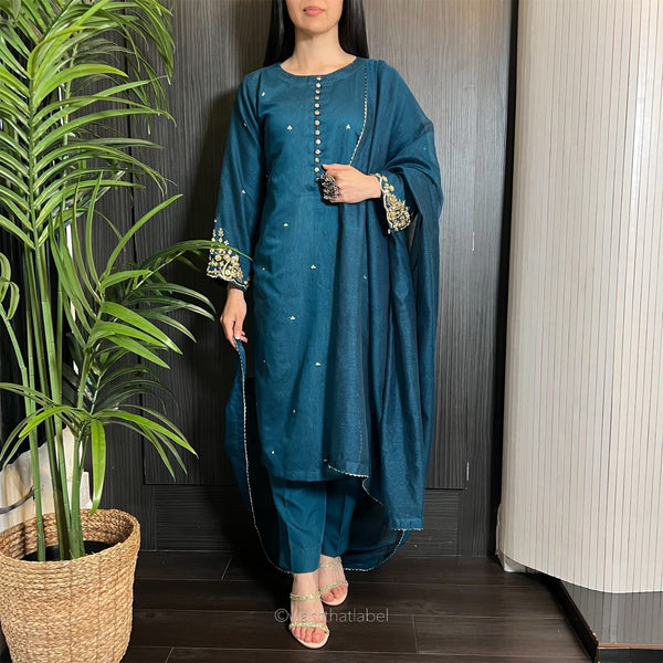 Amara Teal Zari Embroidered Khadi Net Suit