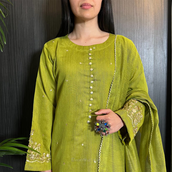 Laila Lime Zari Embroidered Khadi Net Suit