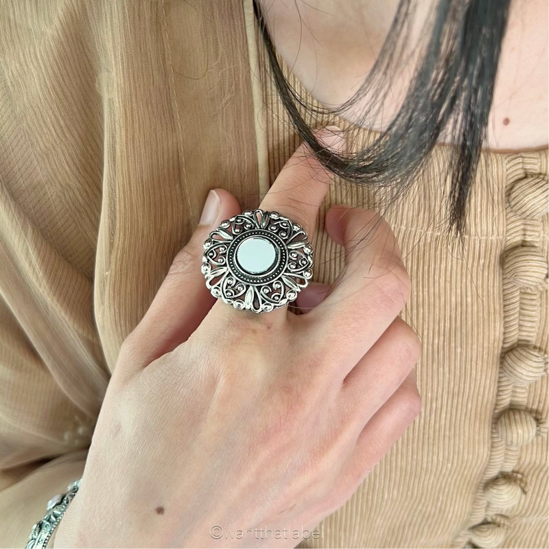 Shirin Silver Oxidized Flower Mirror Round Ring