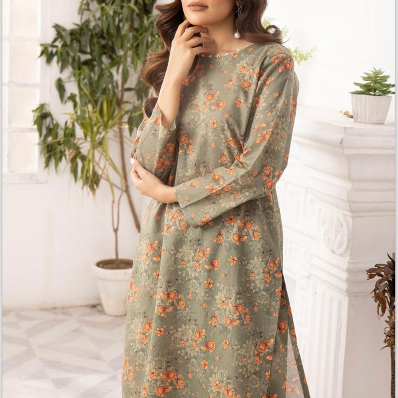 Simrans Khaki Coral Floral Lawn Two Piece Suit