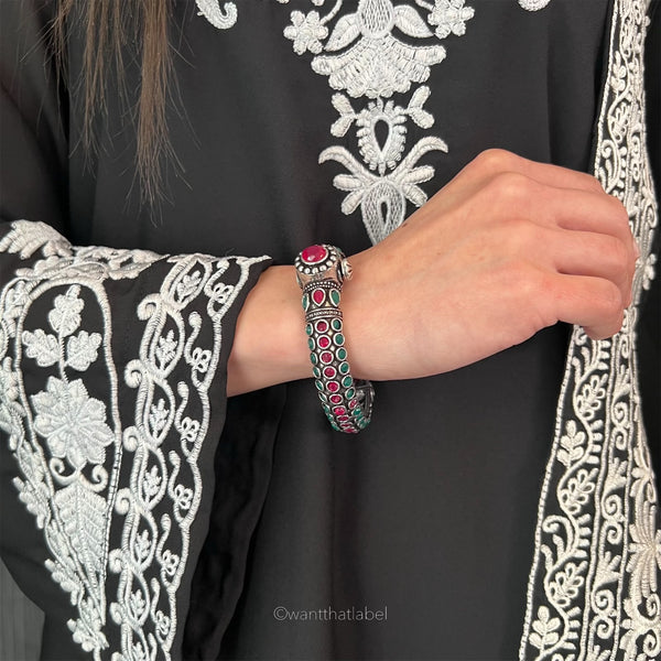 Sajal Silver Oxidized Vintage Ruby Green Kundan Bangle