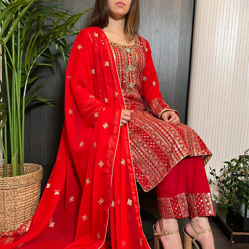 Red Gold Hand Embroidered Chiffon Suit