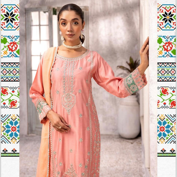 Simrans Afroze Peach Embroidered Viscose Piece Suit