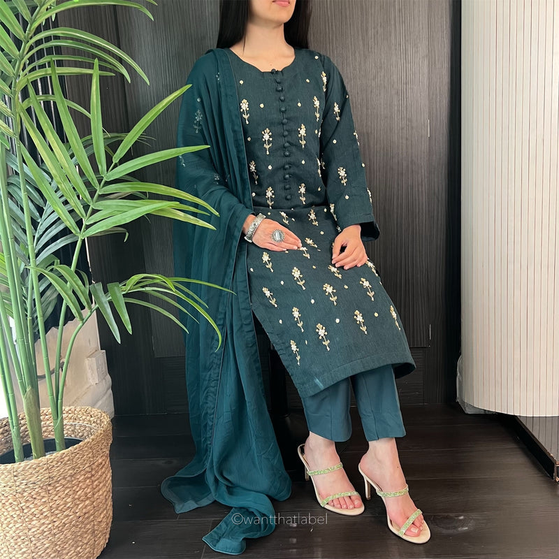 Yasmin Teal Bead Embellished Khadi Net Suit