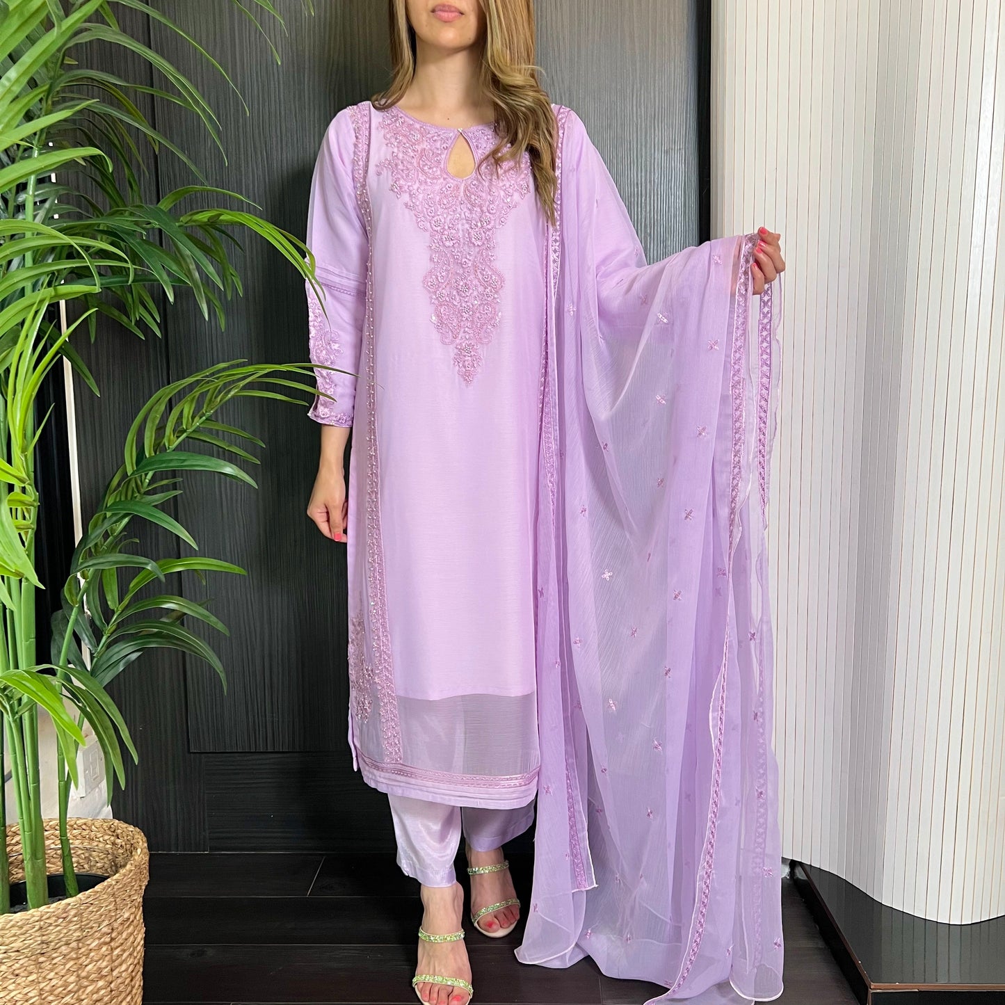 Lilac Hand Embroidered Chiffon Suit