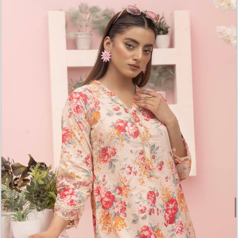 Simrans Peach Embroidered Floral Lawn Two Piece Suit