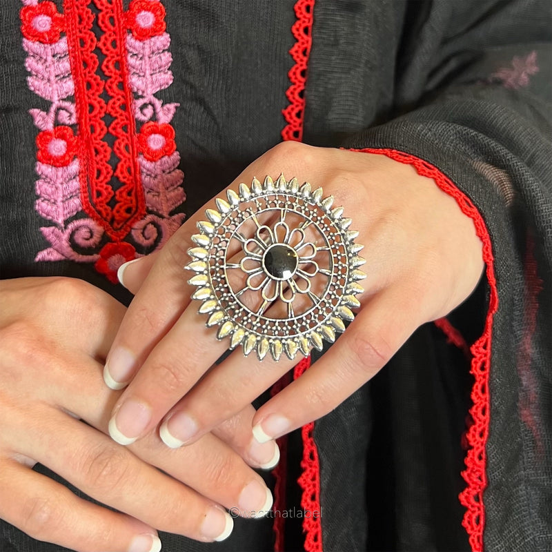 Erum Silver Oxidized Vintage Mandala Ring