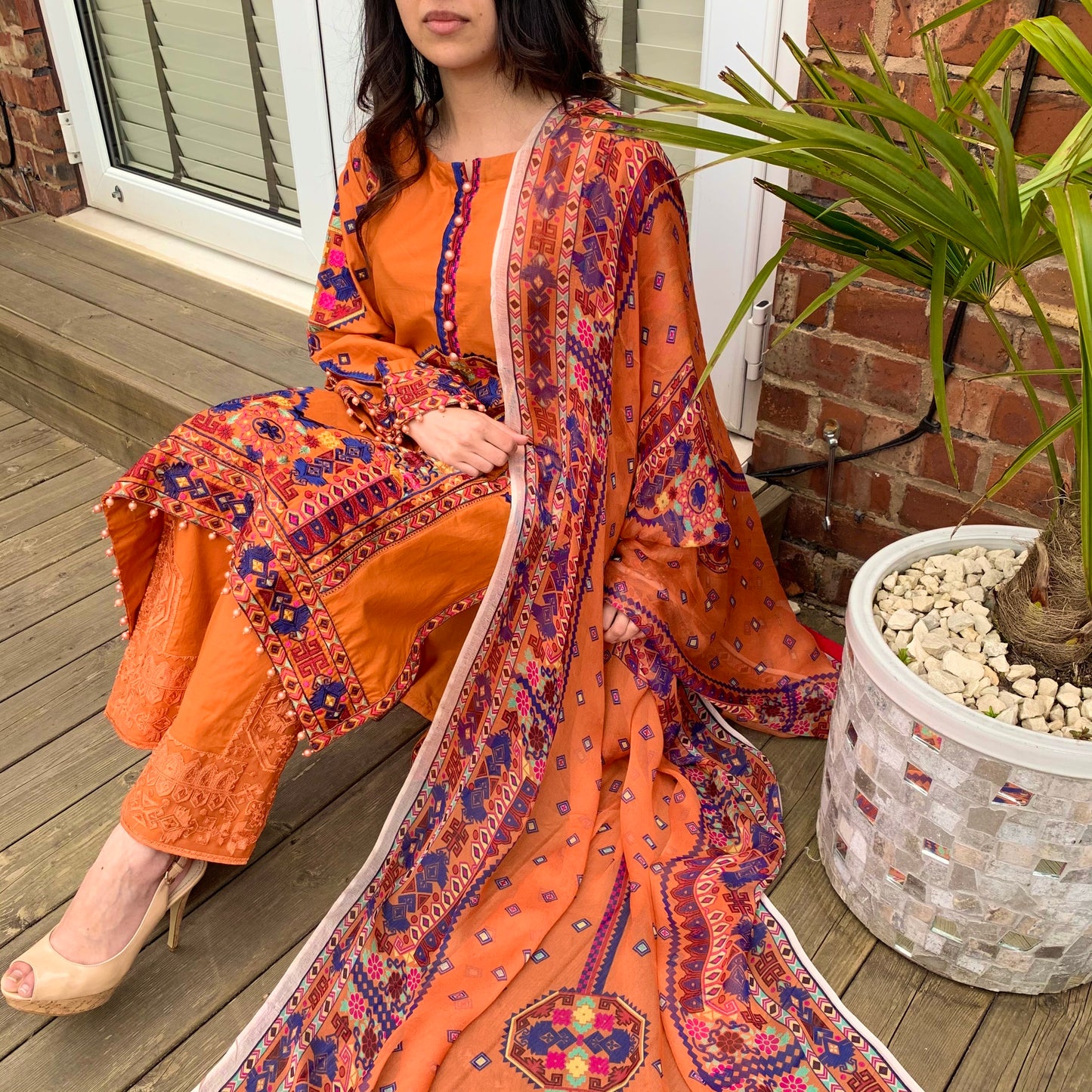 Karma Original Orange Tribal Embroidered Kameez Suit