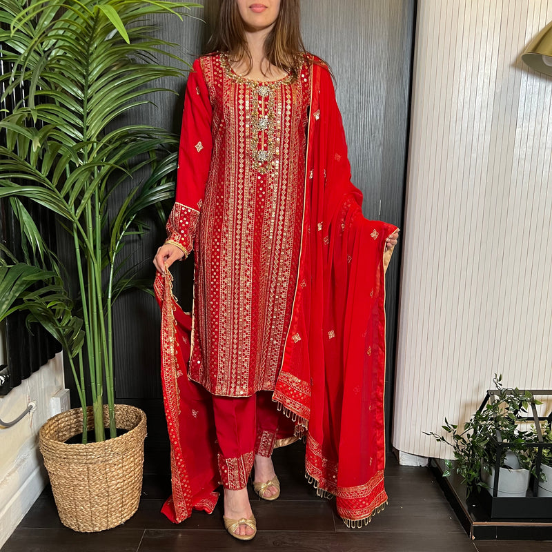 Red Gold Hand Embroidered Chiffon Suit